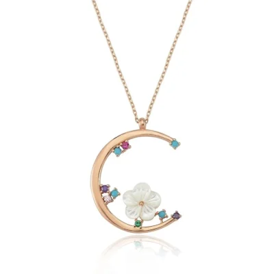 Srebrny naszyjnik z księżycem i kwiatem pozłacany różowym złotem