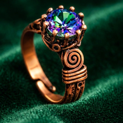 Pierścionek miedziany z okrągłym mistycznym topazem