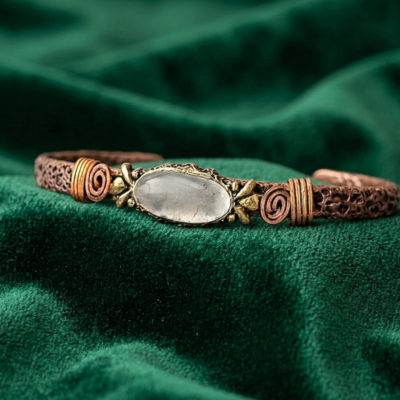 Bransoletka miedziana z różowym kwarcem