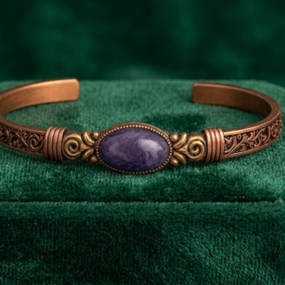Bransoletka miedziana owalnym z ametystem